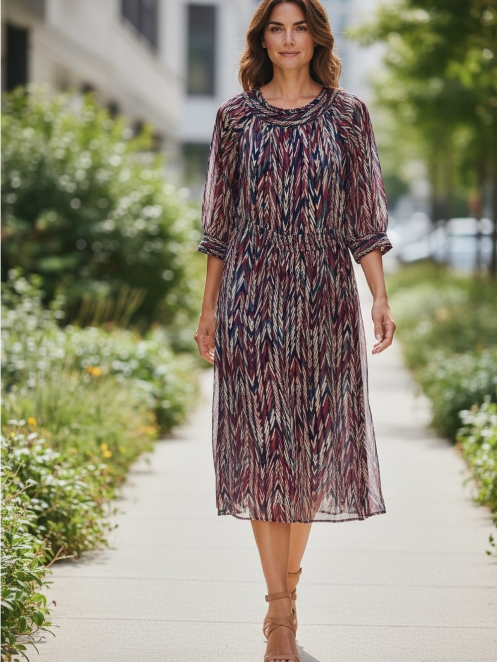 Ella Moss 3/4 Sleeve Chevron Midi Dress - Navy, Burgundy, Cream XS - 100% Silk